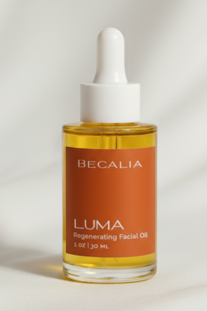 Becalia Luma regenerating facial oil bottle on a light background